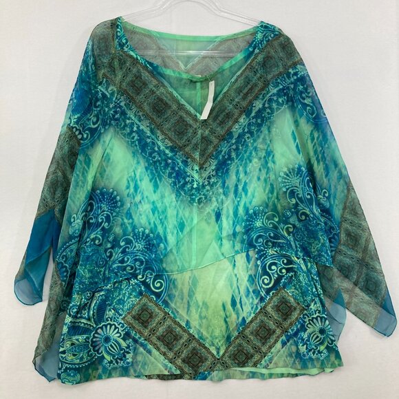 New Live and Let Live size 3X Green Blue Abstract Boho Layered Flowy Poncho Top - Picture 8 of 9